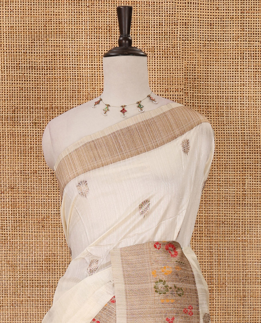 White floral zari buttas jute silk saree, contrast meenakari floral creeper & jaal design border, jaal pallu & matching plain blouse