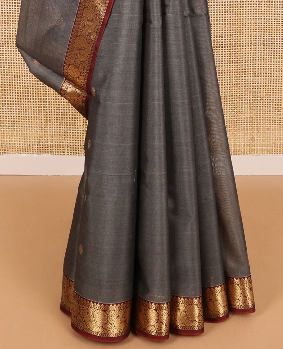 Grey motifs silk cotton saree with intricate zari design border & floral design pallu