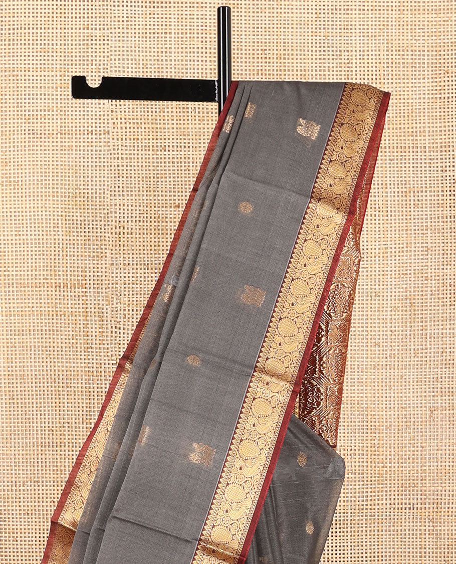 Grey motifs silk cotton saree with intricate zari design border & floral design pallu