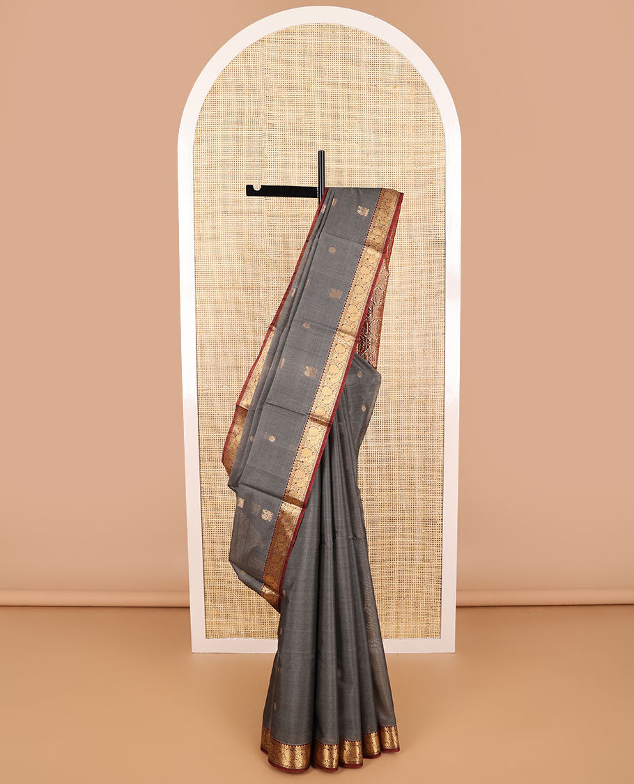 Grey motifs silk cotton saree with intricate zari design border & floral design pallu