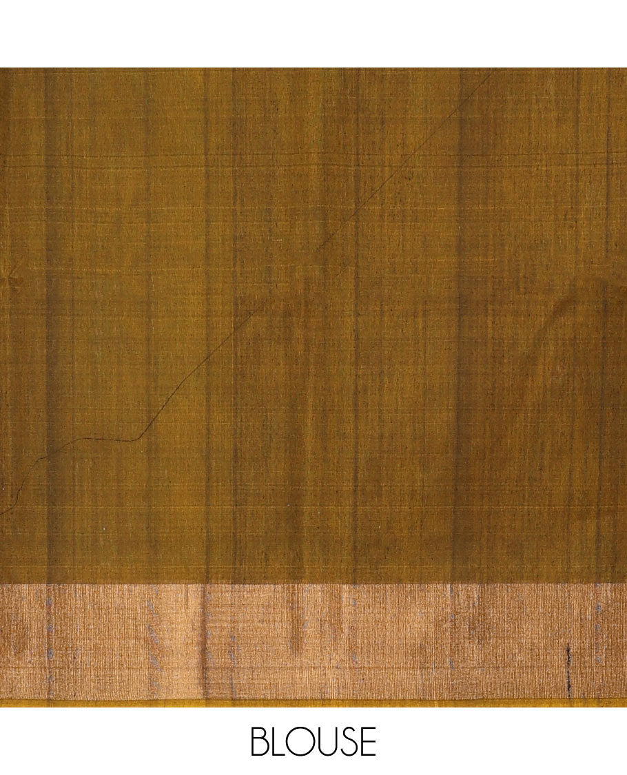 Green ikkat floral patterned silk cotton saree, contrast bavanji border, and pallu of ikkat Mughal style design weave