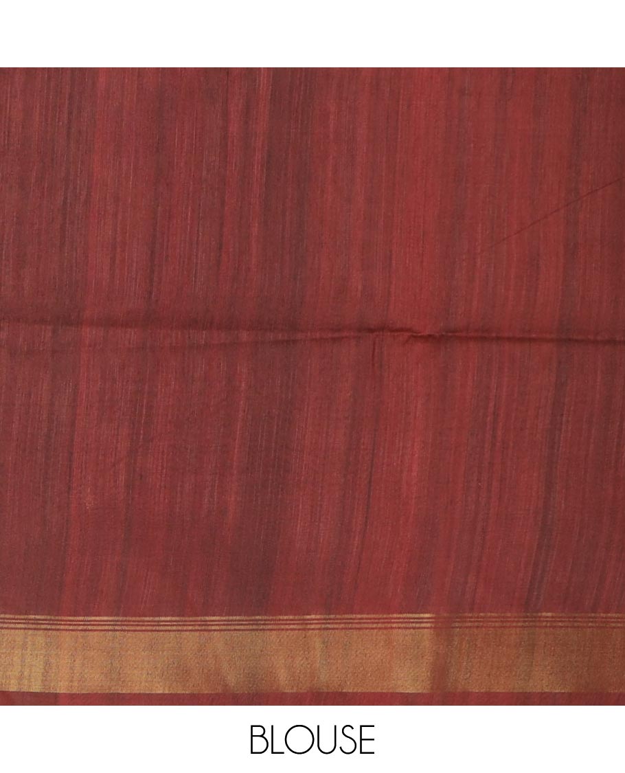 Sandal plain tussar silk saree, contrast brown bavanji border, and pallu of Mughal and Pichwai inspired motifs