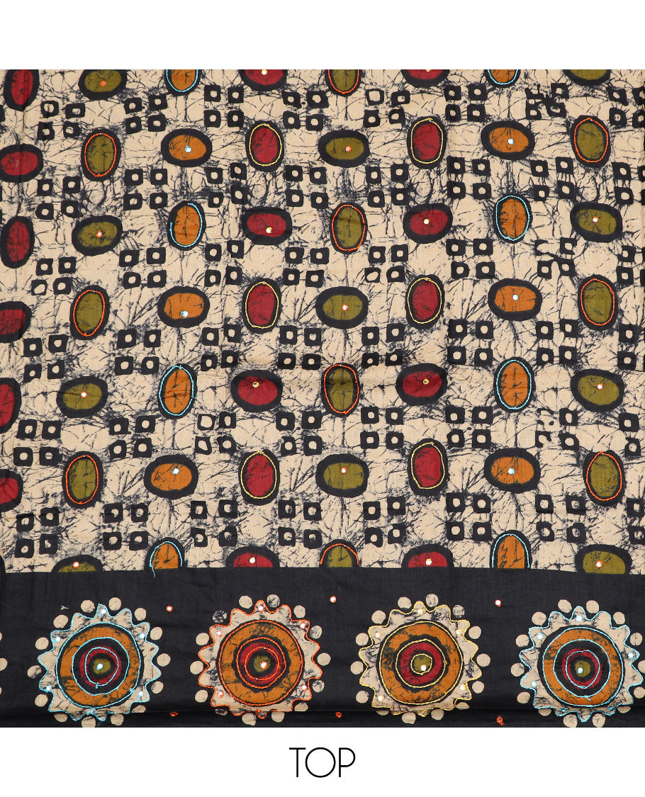 Black cotton material chudidar set, batik style geometric printed with mirror work top, contrast green plain bottom and batik printed dupatta