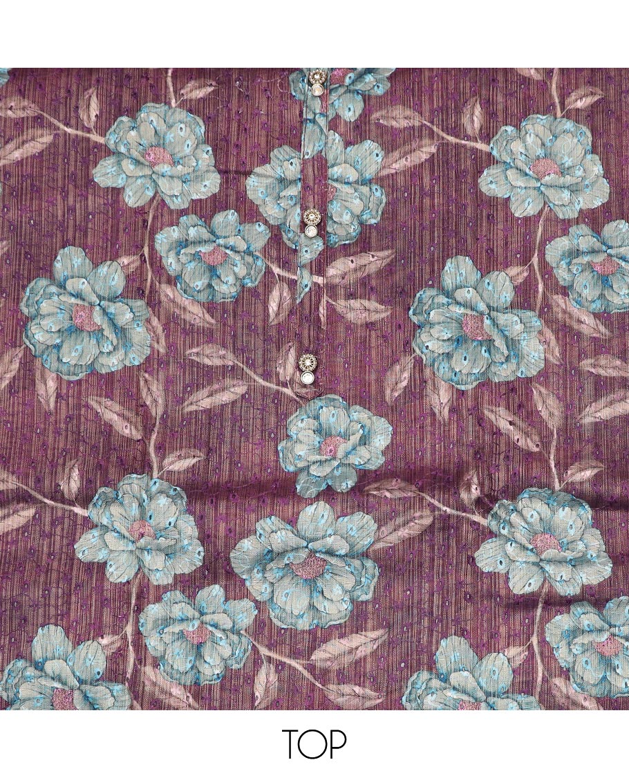 Purple material chudidar set, floral print with thread embroidered top, contrast plain bottom and sequins striped dupatta