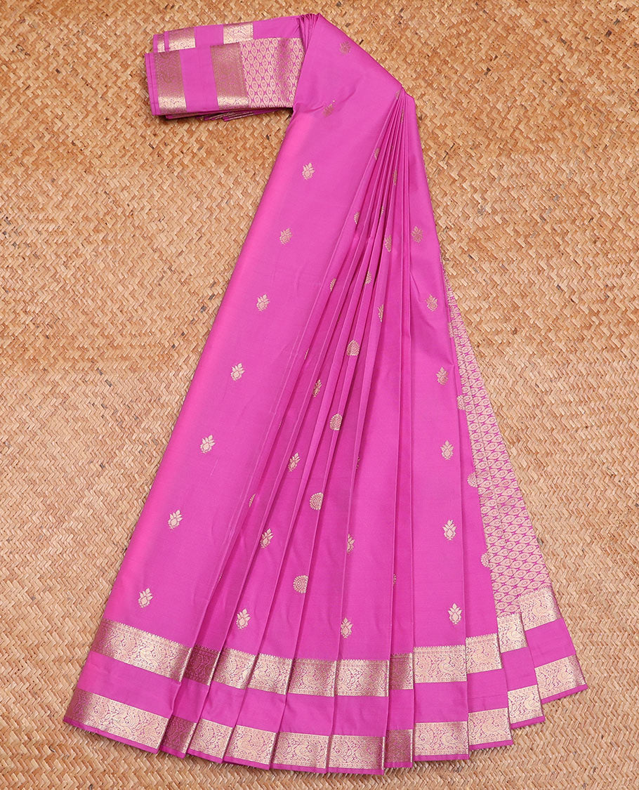 Pink Budget Silk Saree, Finely Crafted with Zari Buttas, Embellished with Traditional Zari Motifs Steeped Rettai Pettu Border, Adorned with Jaal Pallu, and a Matching Blouse