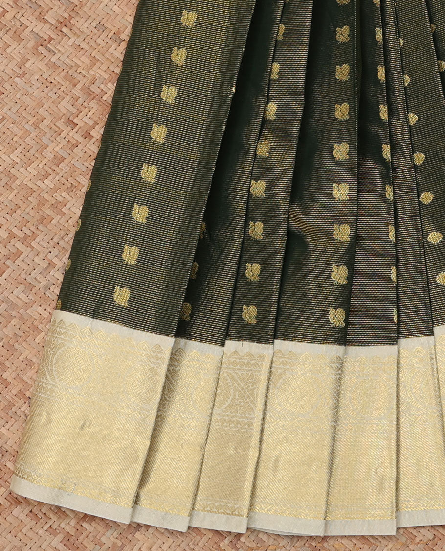 Green Budget Silk Saree, Accentuated with Peacock Buttas and Stripes, a Contrast Traditional Zari Border, Grand Pallu, and a Contrast Blouse