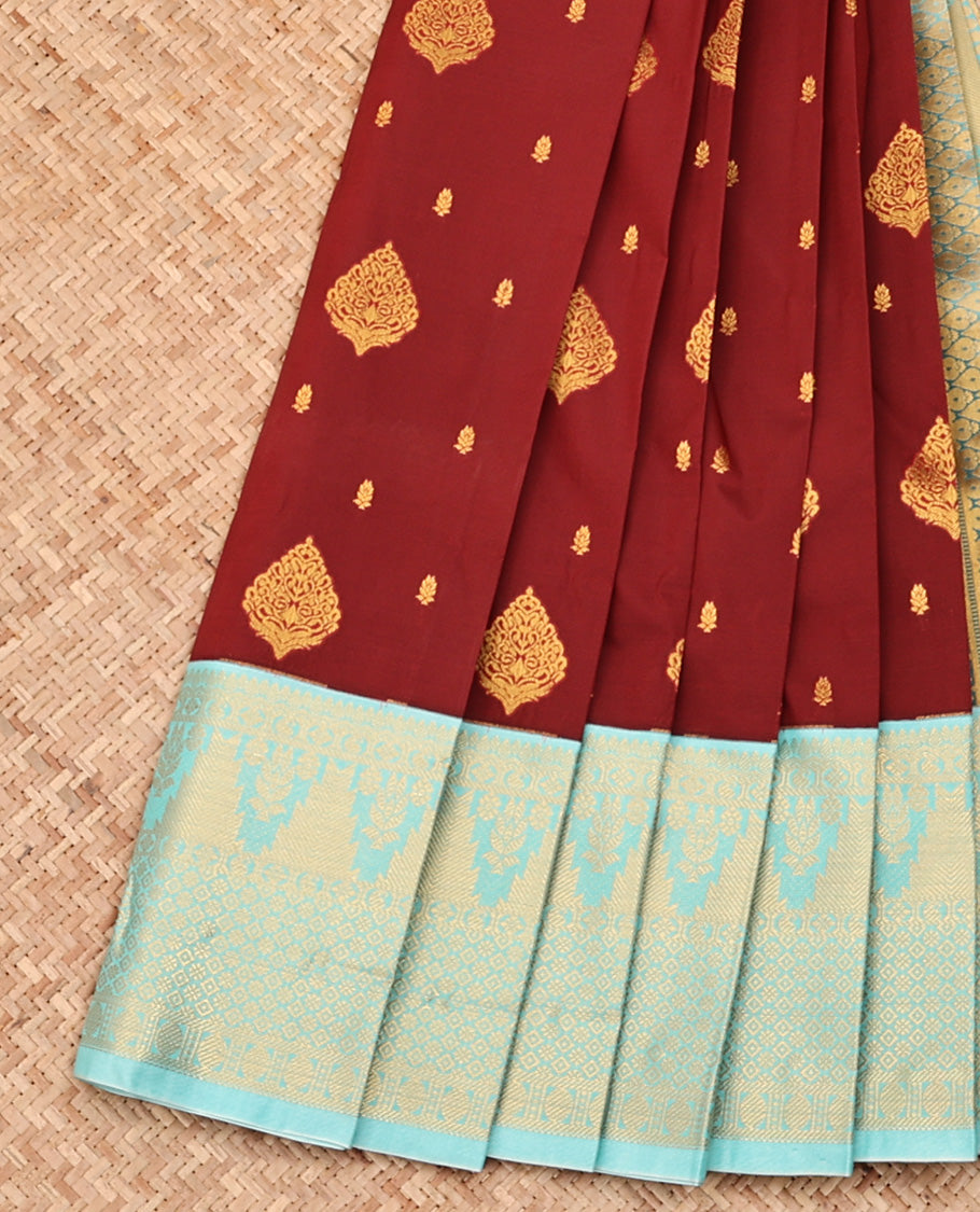 Brown Budget Silk Saree, Gleamed up with Zari Buttas All Over Its Body, Complemented by Contrast Traditional Zari Designs Woven Border, Grand Jaal Pallu and Paired with a Contrast Blouse