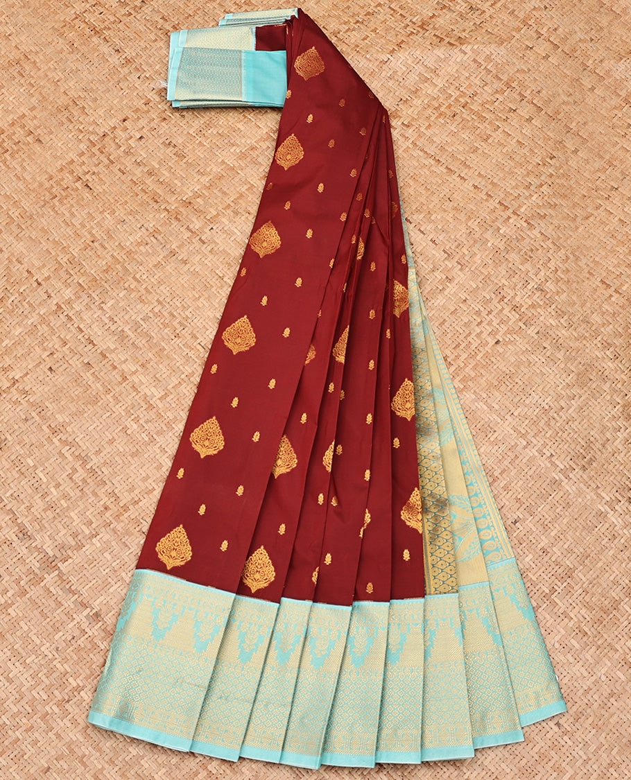 Brown Budget Silk Saree, Gleamed up with Zari Buttas All Over Its Body, Complemented by Contrast Traditional Zari Designs Woven Border, Grand Jaal Pallu and Paired with a Contrast Blouse