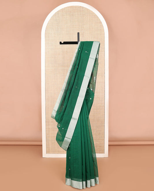 Green floral motifs chanderi cotton saree with contrast zari border & striped pallu
