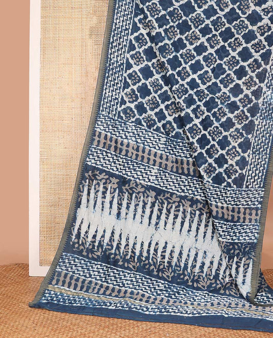 Blue batik style ogee printed mul mul cotton saree, batik printed border, and pallu of geometric print