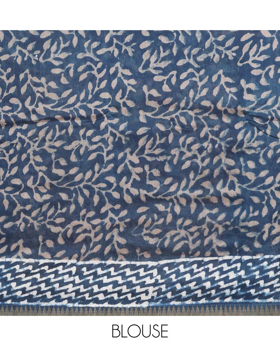 Blue batik style ogee printed mul mul cotton saree, batik printed border, and pallu of geometric print