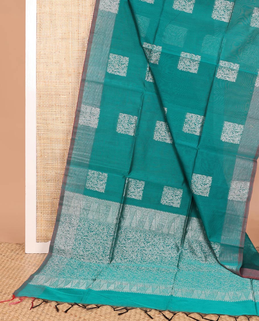Green square buttas woven semi-silk cotton saree, zari buttas woven border, and intricate pallu