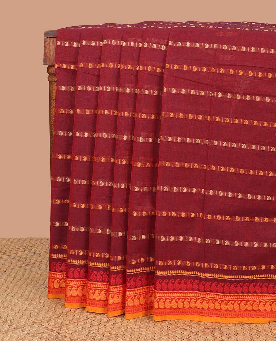Brown paisley motifs chettinad cotton saree with contrast paisley zari design border & striped pallu