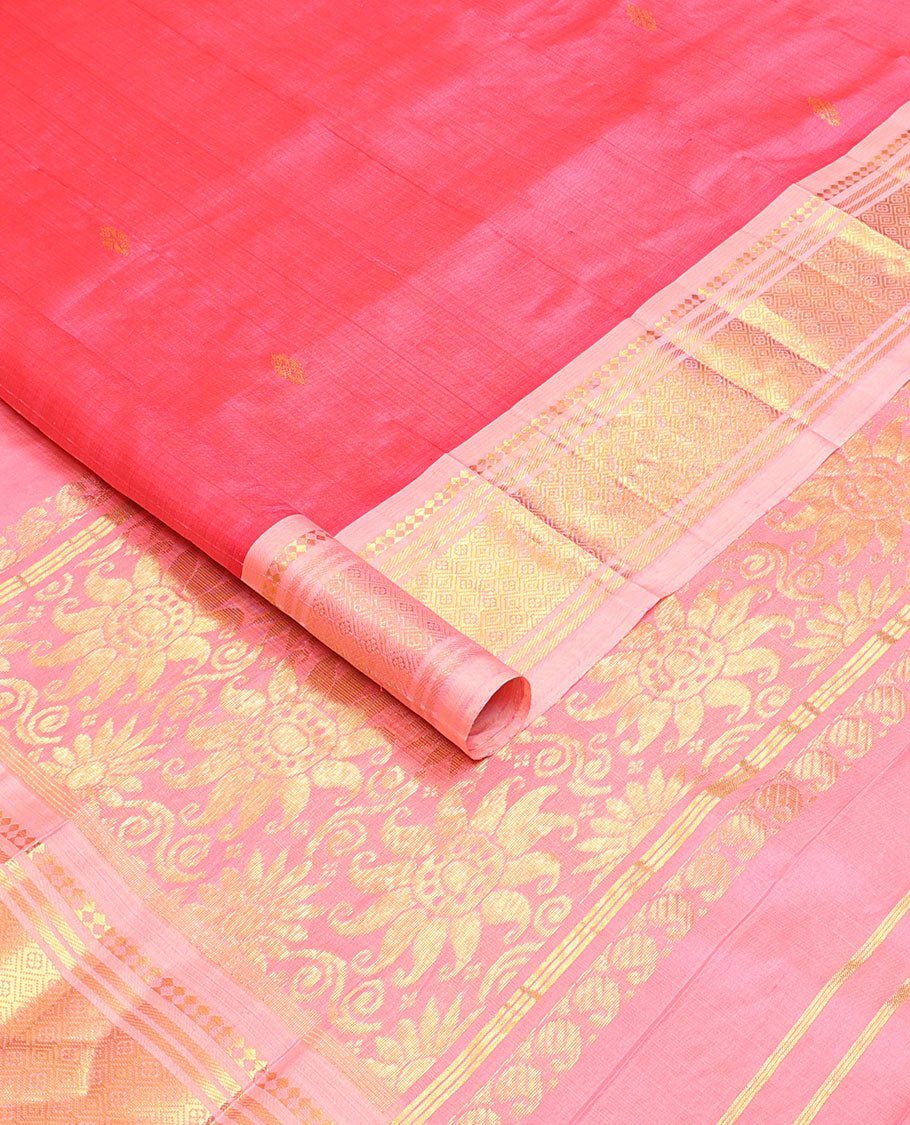 Pink zari buttas Kanchipuram silksaree, contrast one-sided border of panner sombu,banaras & jaal design & floral design pallu