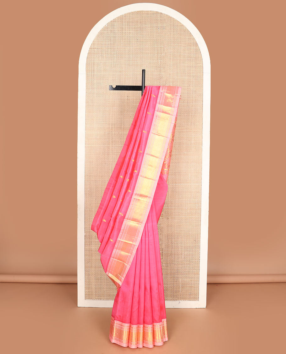 Pink zari buttas Kanchipuram silksaree, contrast one-sided border of panner sombu,banaras & jaal design & floral design pallu