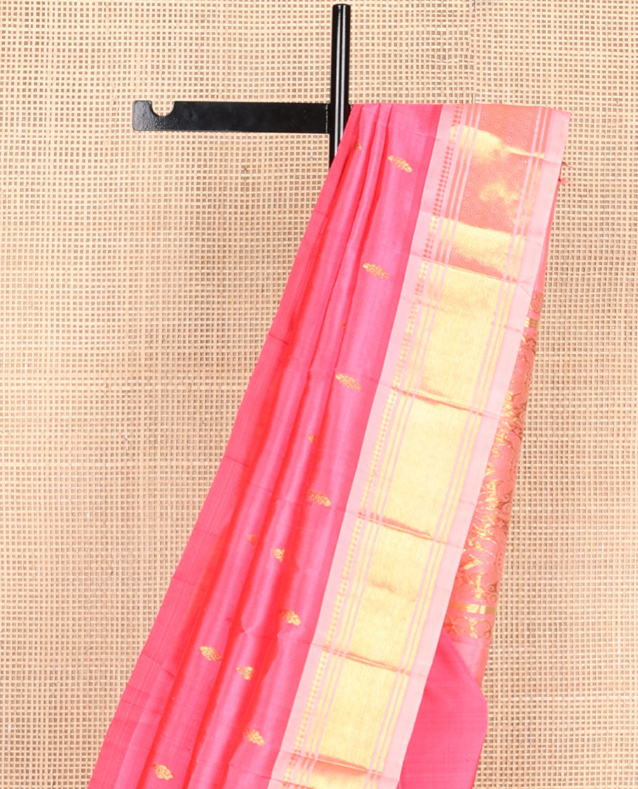 Pink zari buttas Kanchipuram silksaree, contrast one-sided border of panner sombu,banaras & jaal design & floral design pallu