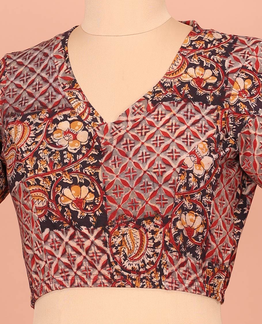 Black and Grey Cotton Readymade Blouse Subtly Sparked with All-Over Floral Vine and Jaal Motifs Print, Featuring a Front V-Neck, a Closed Back Neck, and Elbow Sleeves