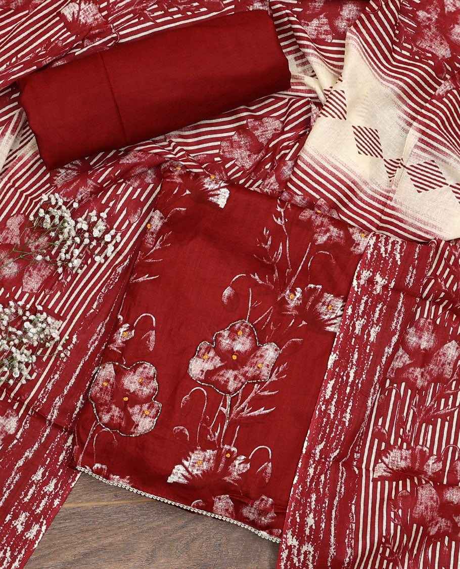 Cherry red material chudidar set, floral printed with French knot embroidered top, plain bottom, and dupatta of stripes and floral print