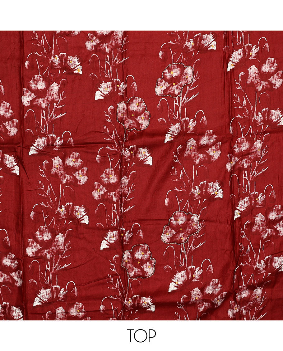 Cherry red material chudidar set, floral printed with French knot embroidered top, plain bottom, and dupatta of stripes and floral print