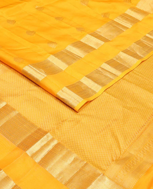 Yellow zari buttas Vasundhara silk mix saree, rettai pettu traditional zari design border & jaal pallu