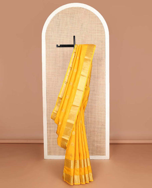 Yellow zari buttas Vasundhara silk mix saree, rettai pettu traditional zari design border & jaal pallu