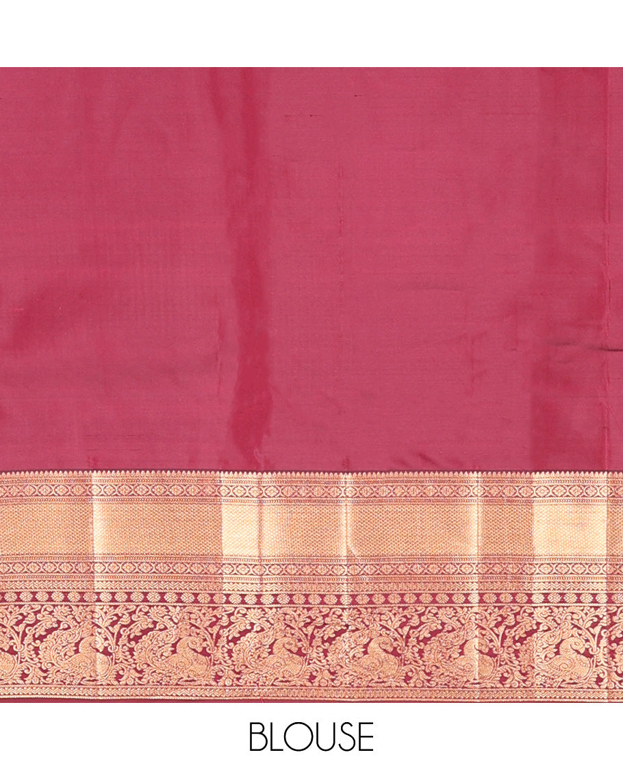 Red zari buttas Vasundhara silk mix saree, contrast border of rekku, laddu kamalam, kuyil kann, rettai neli, poun, and mayil, and intricate pallu