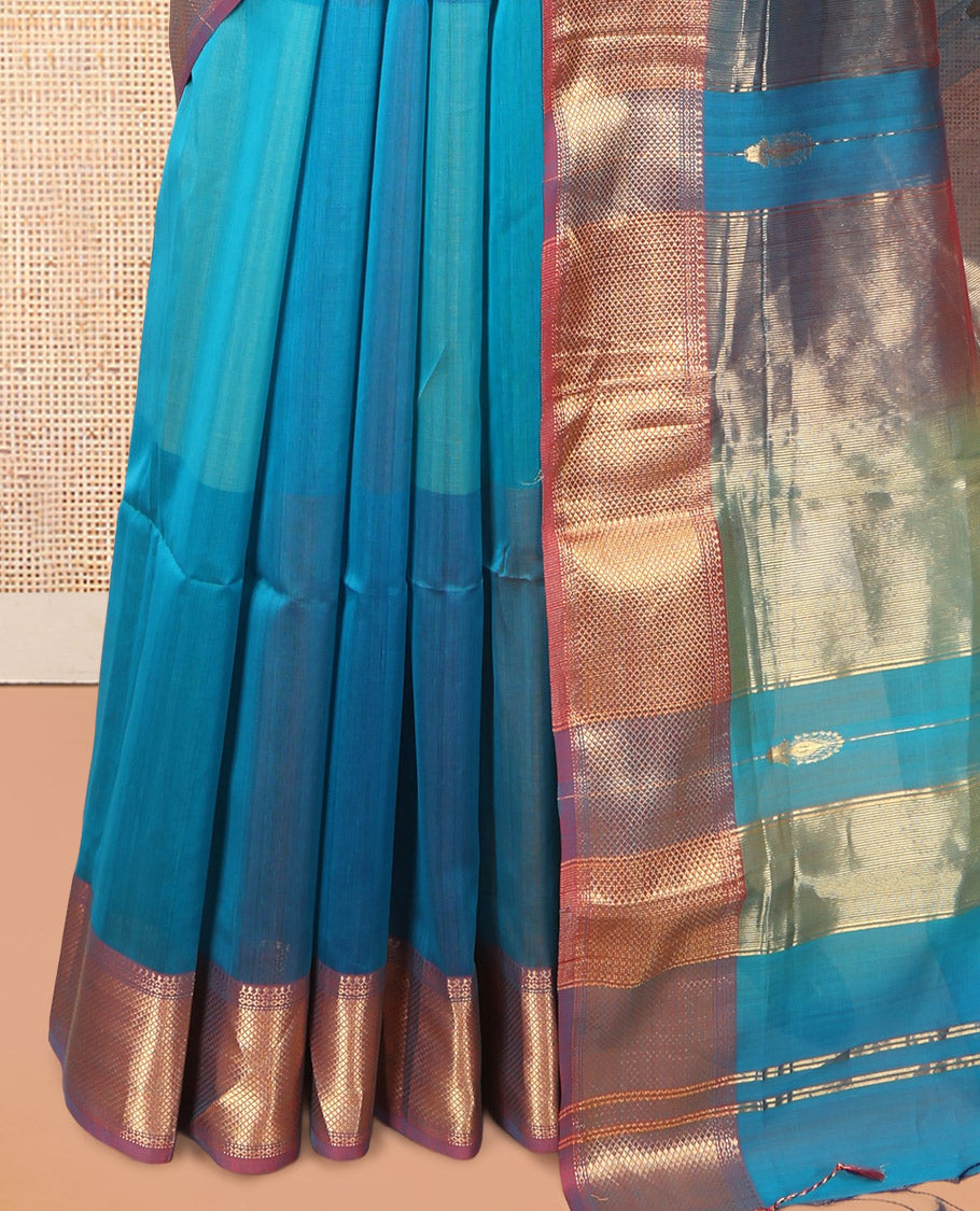 Blue Maheshwari Cotton Saree, Adorned with Zari Stripes, a Contrast Traditional Zari Border, Pallu of Zari Weave, and a Matching Blouse
