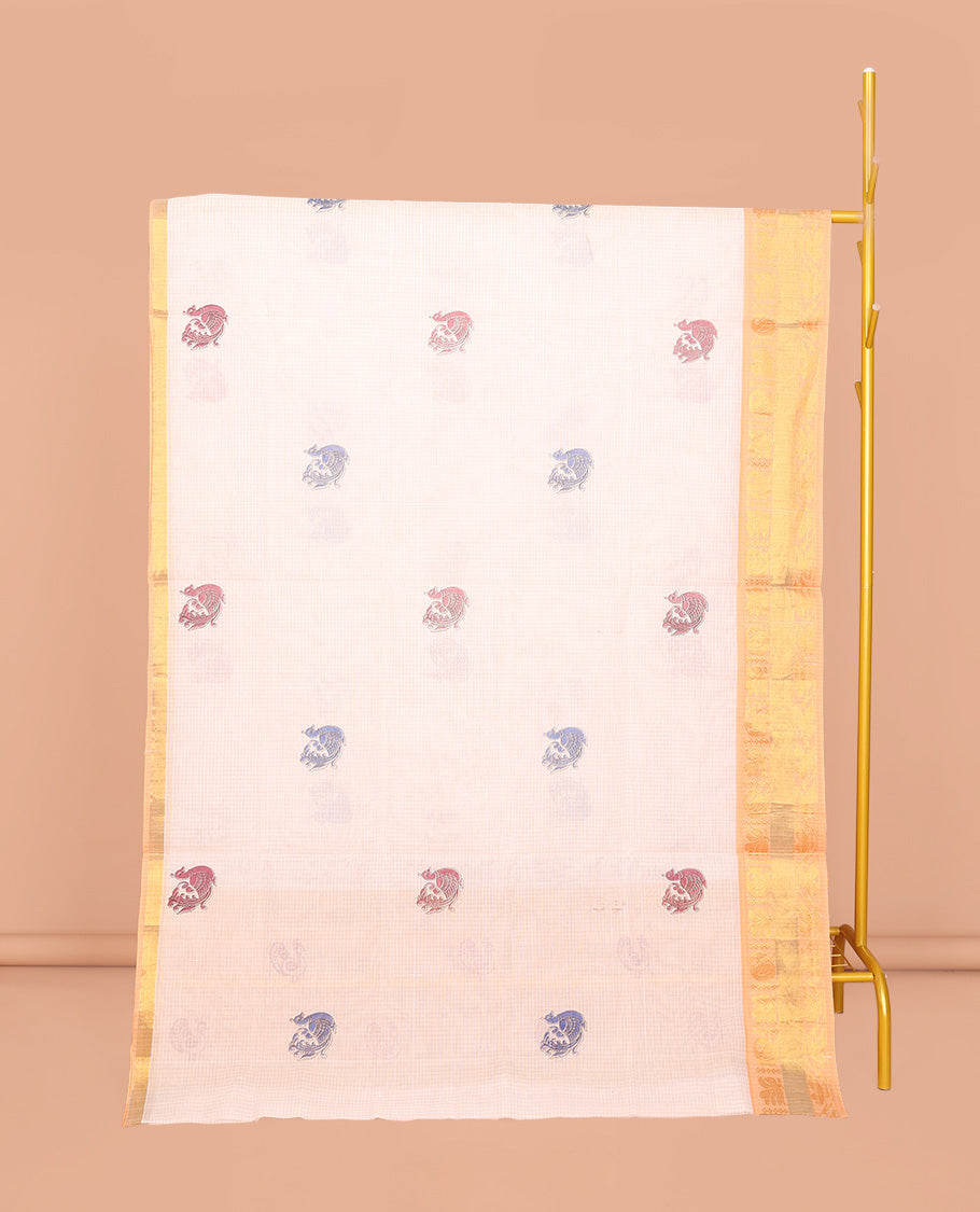 Off-White Venkatagiri Cotton Saree, Crafted with Peacock Buttas and Checks, a Contrast Traditional Zari Border, Pallu of Peacock Buttas and Stripes, and No Blouse