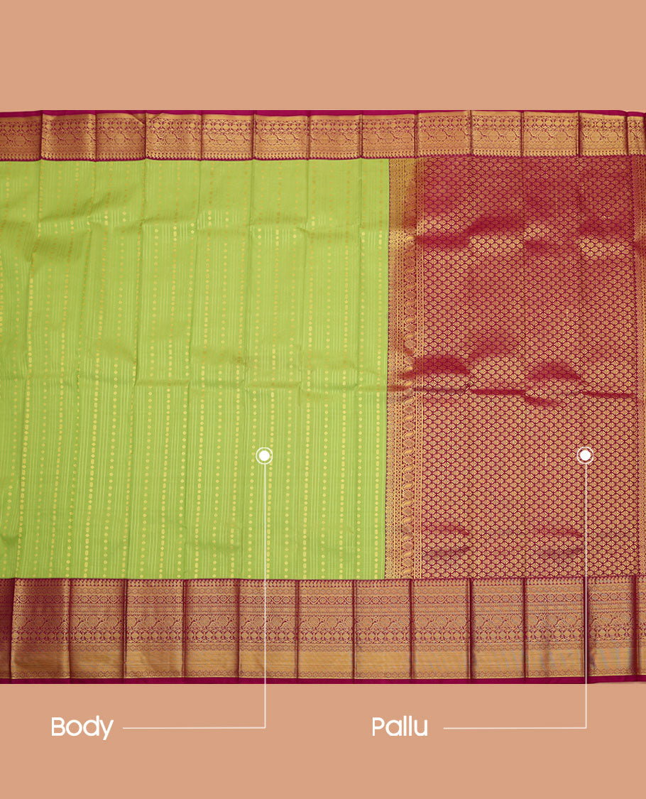 Parrot Green Budget Silk Saree, Detailed with Buttas and Stripes All Over Its Body, Complemented by a Contrast Traditional Zari Design Border, Grand Pallu, and Paired with a Contrast Blouse