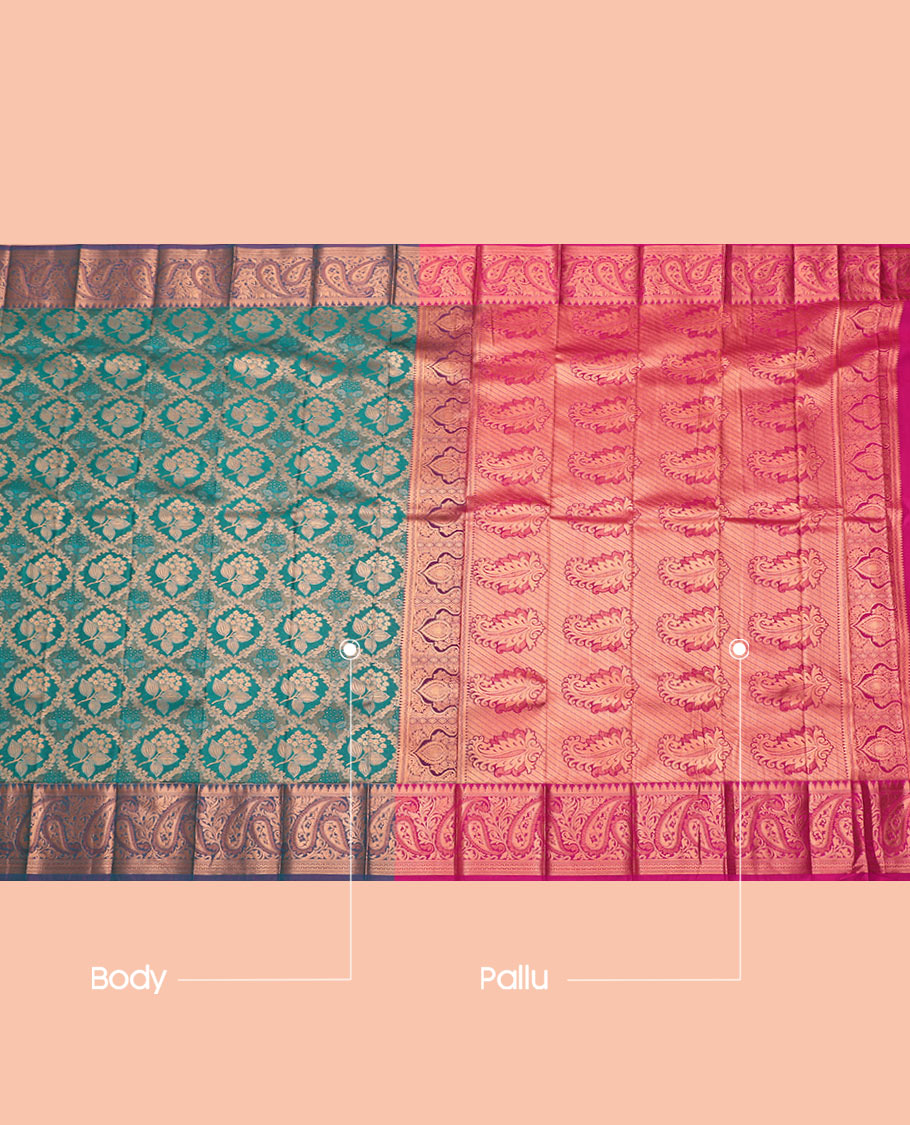 Blue Budget Silk Saree, Embellished with Jacquard Design, Contrast Paisley Zari Border, Grand Pallu, and a Contrast Blouse