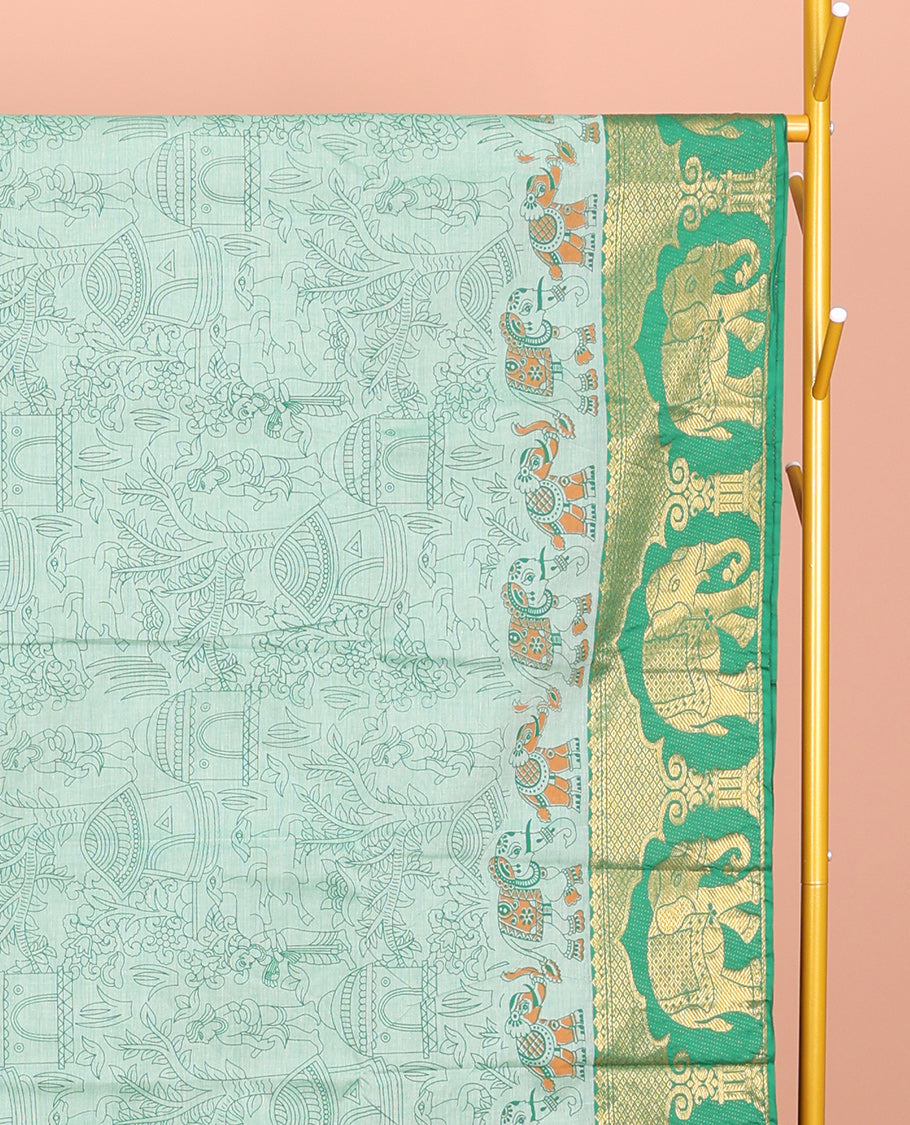 Green Andhra Cotton Saree, Beautified with Village-Themed Print, a Contrast Elephant Zari Border, a Pallu of Patola-Print, and a Matching Blouse