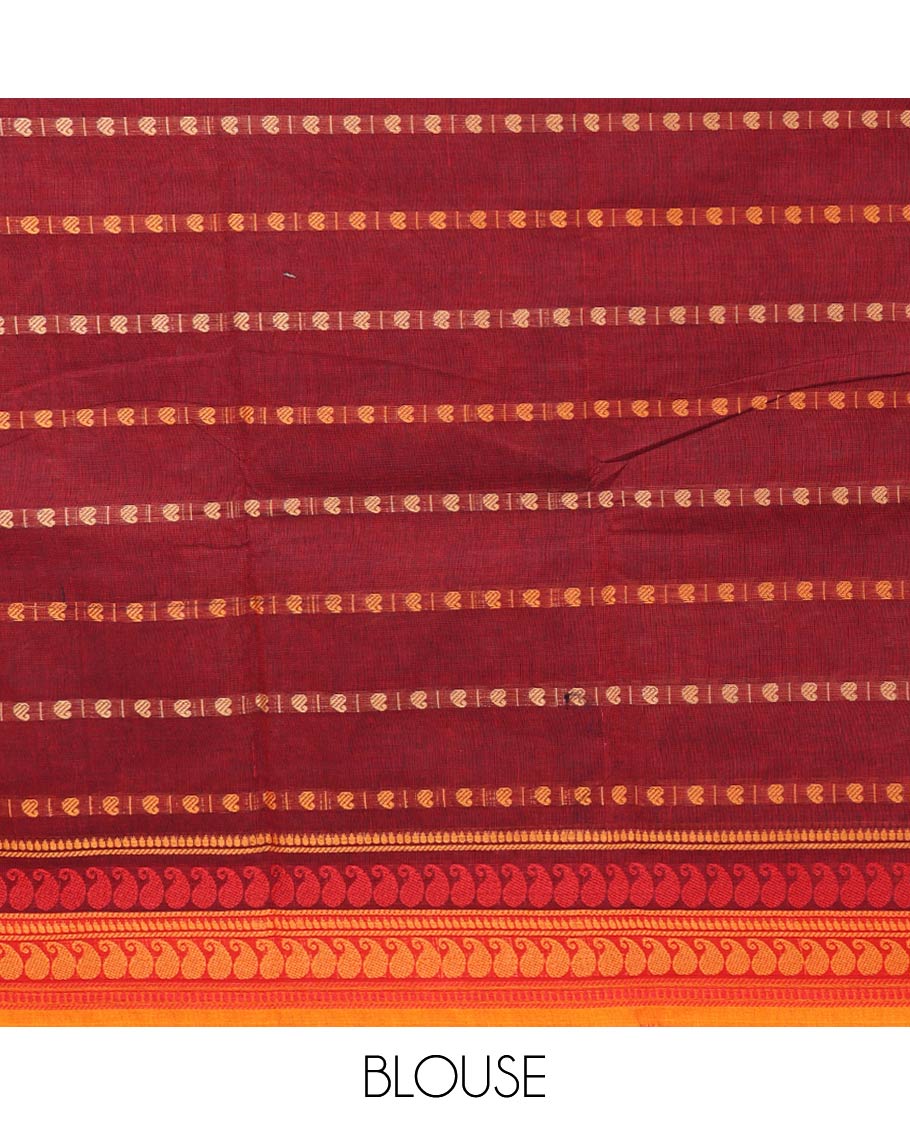 Brown paisley motifs chettinad cotton saree with contrast paisley zari design border & striped pallu