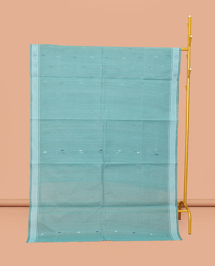 Blue Bengal Cotton Saree, Steeped with Thread Buttas, a Subtle Border, a Pallu of Stripes, and Buttas, and a Matching Blouse