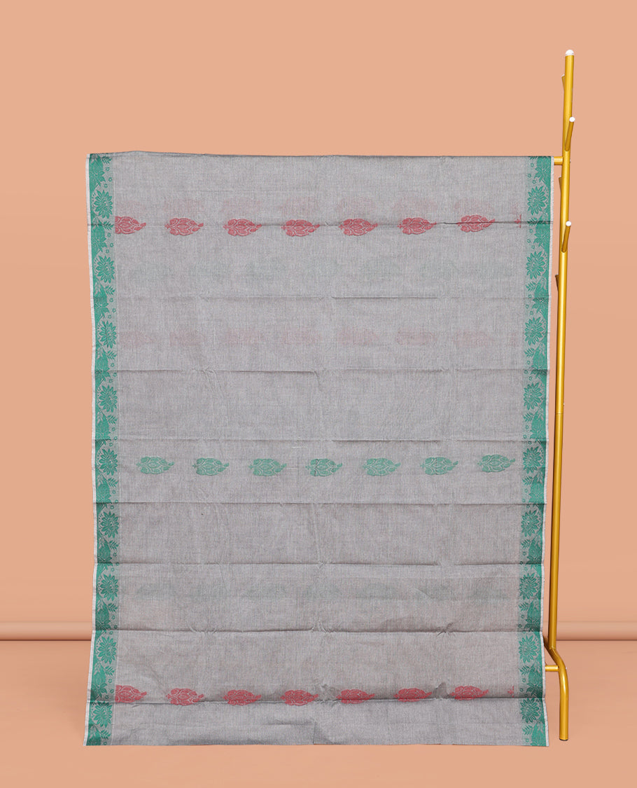 Grey Kanchi Cotton Saree, Steeped with Buttas All Over Its Body, a Subtle Self-Border, Pallu of Floral-Geometric Designs, and Paired with a Matching Blouse