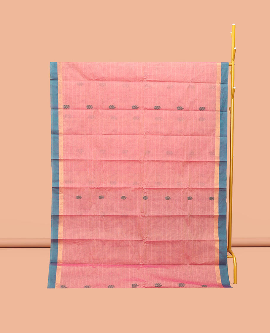 Pink Kanchi Cotton Saree, Decked Up with Buttas and Stripes, Complemented by a Contrast Border, Floral Pallu, and a Matching Blouse