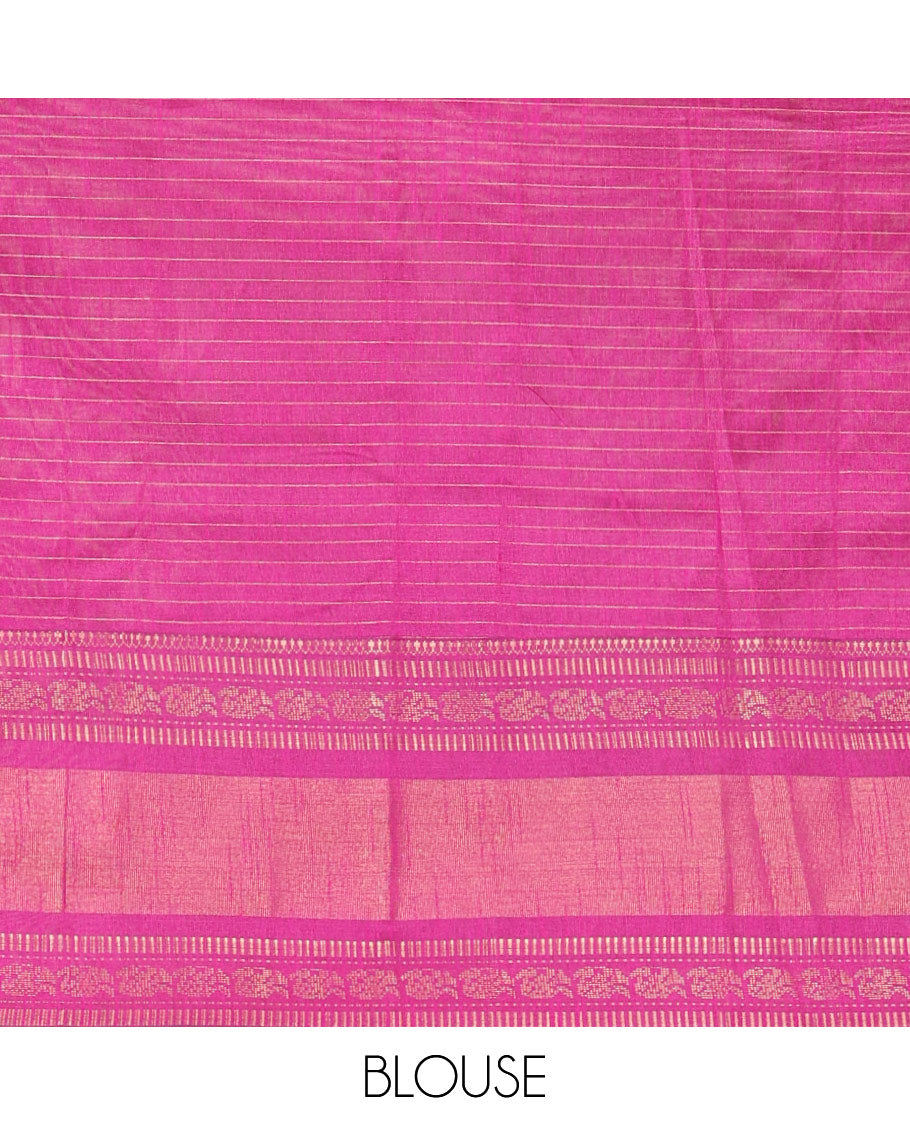 Pink zari dot enclosed checked semi-raw silk saree, contrast traditional zari design border, contrast diamond patterned pallu, and a contrast blouse