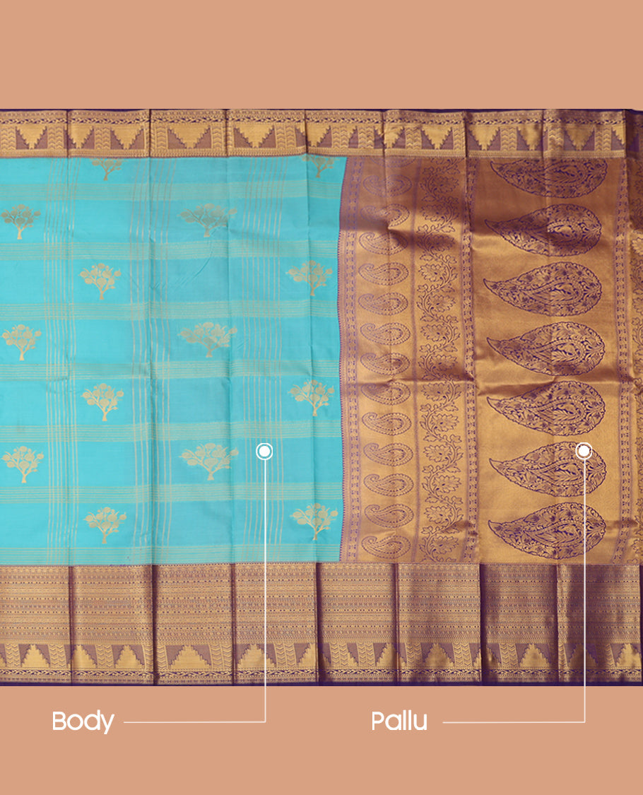 Blue Budget Silk Saree, Ornamented with Zari Buttas and Checks, Complemented by Contrast Traditional Zari Border, a Grand Pallu and a Contrast Blouse