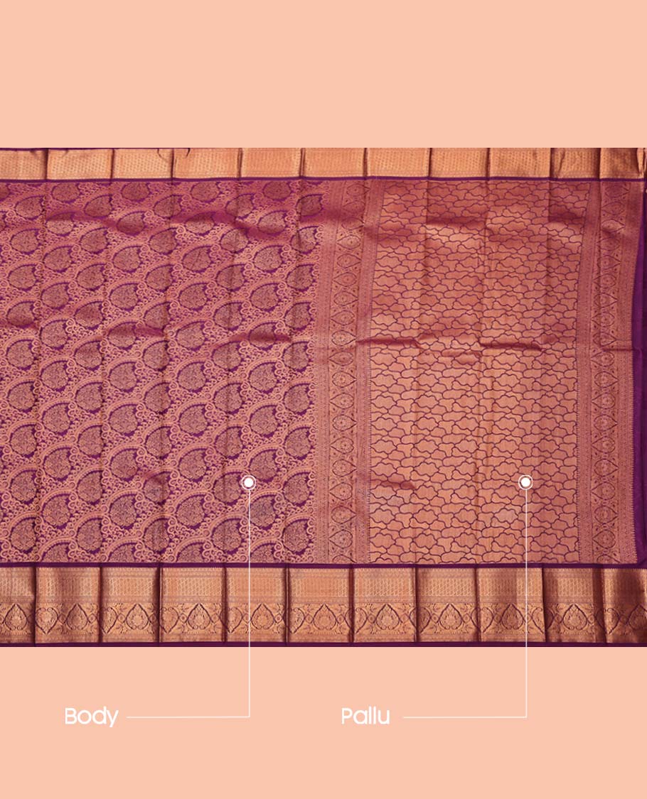 Purple Budget Silk Saree, Detailed with Jacquard Design, Highlighted by a Traditional Zari Border, Intricately Designed Pallu, and a Contrast Blouse