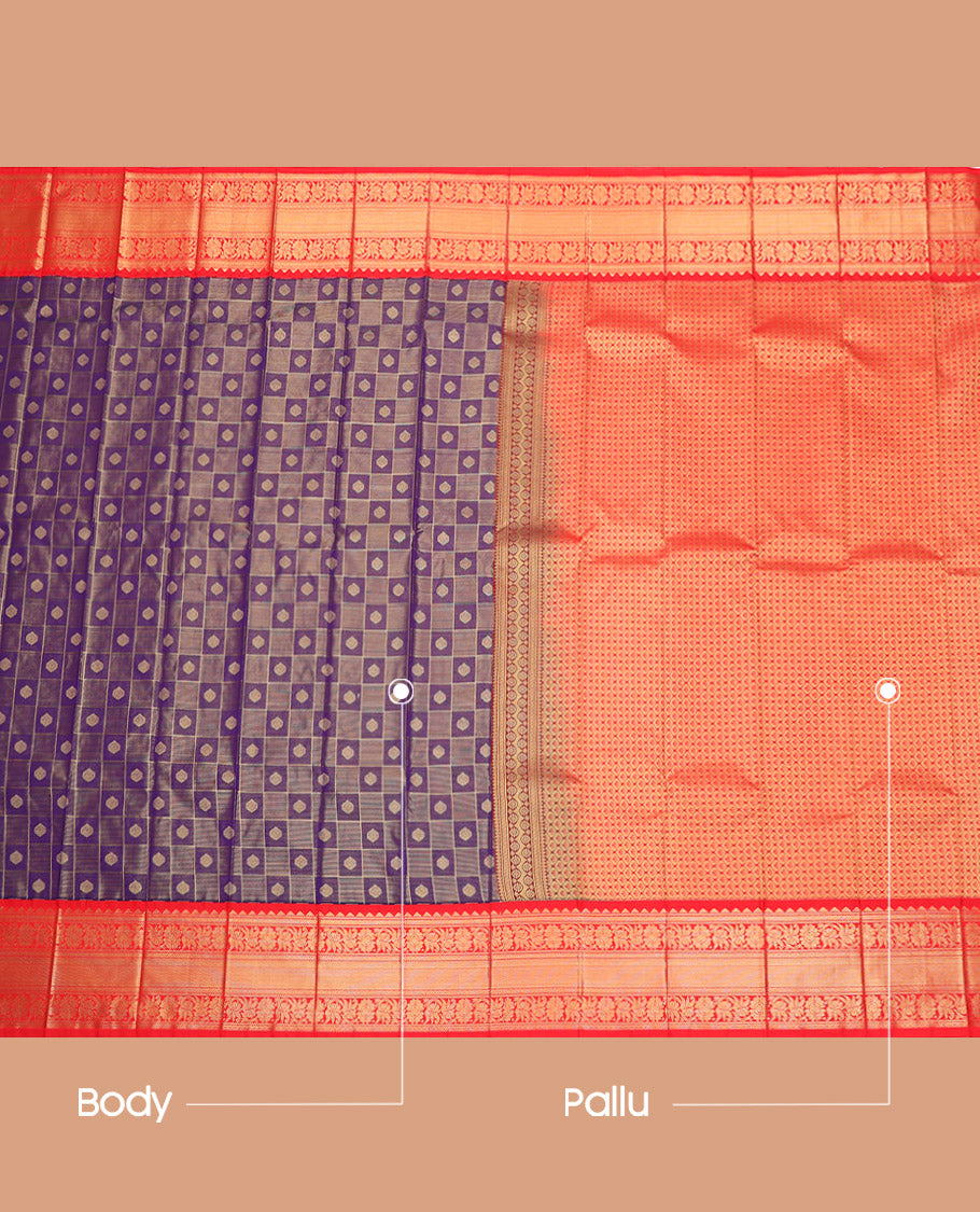 Blue Budget Silk Saree, Richly Detailed with Buttas Enclosed Checks, Complemented by a Contrast Traditional Zari Border, Grand Pallu, and a Contrast Blouse