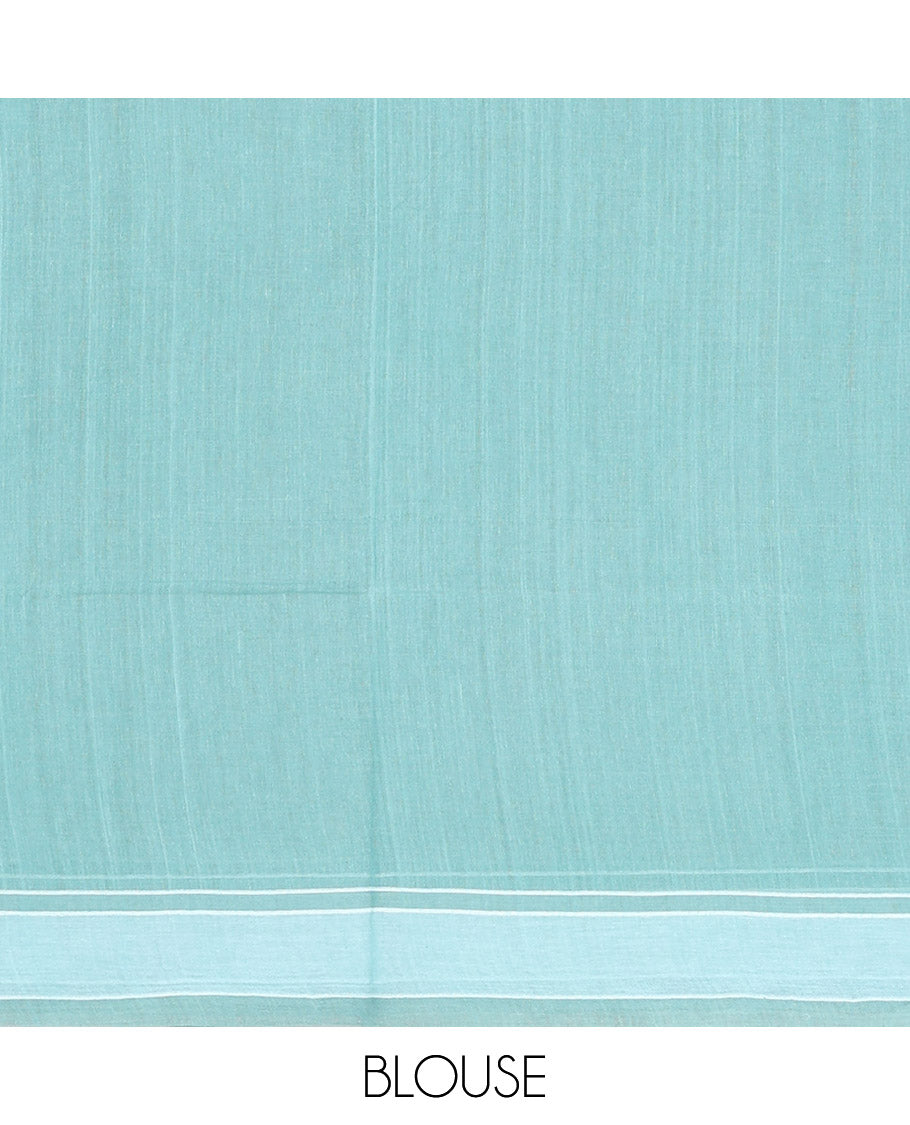 Blue Bengal Cotton Saree, Steeped with Thread Buttas, a Subtle Border, a Pallu of Stripes, and Buttas, and a Matching Blouse