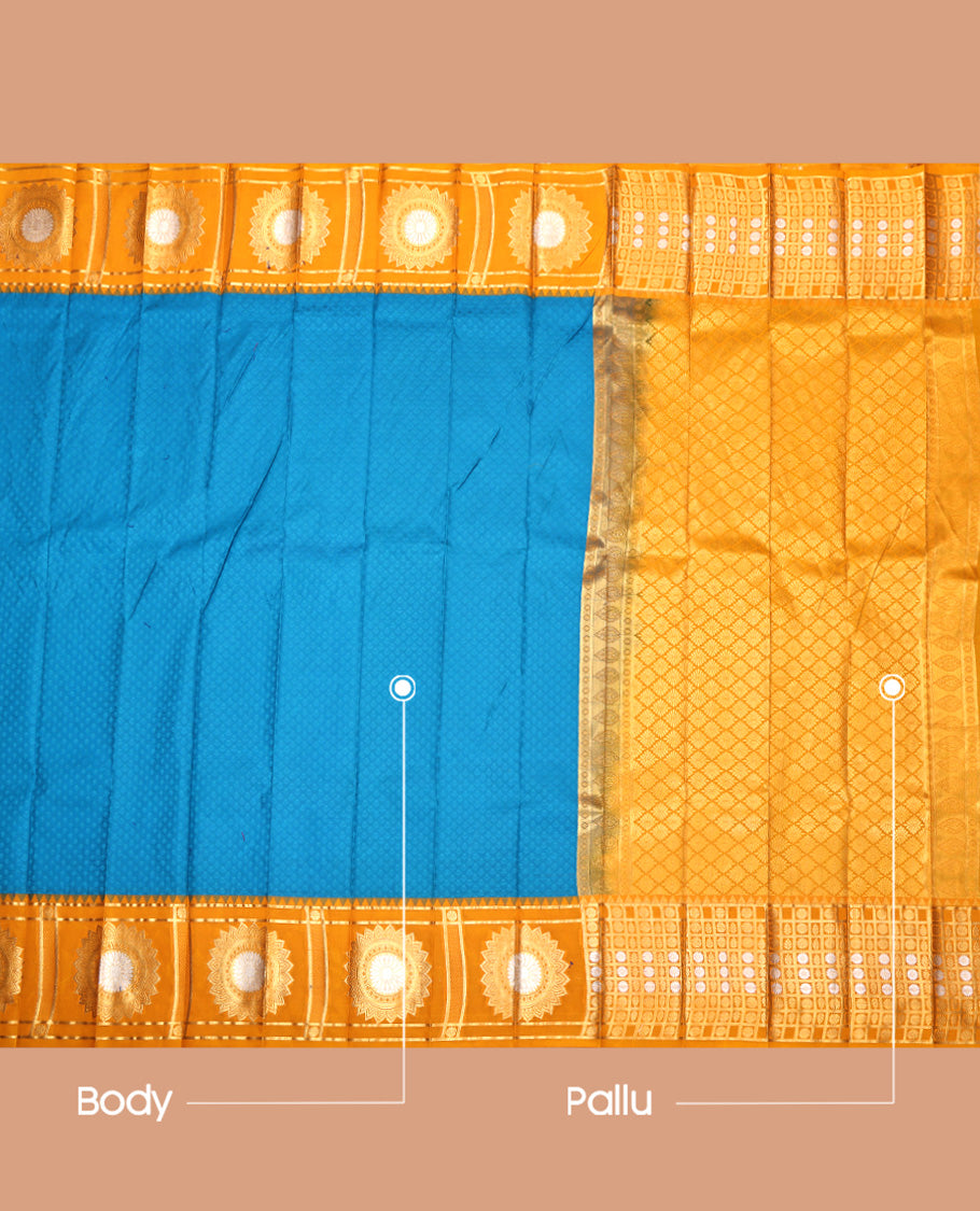 Blue Embossed Budget Silk Saree, Complemented by a Contrast Chakra Zari Border, Jaal Pallu, and Contrast Blouse