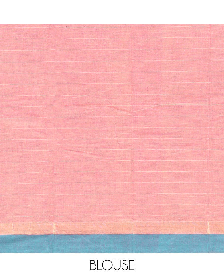 Pink Kanchi Cotton Saree, Decked Up with Buttas and Stripes, Complemented by a Contrast Border, Floral Pallu, and a Matching Blouse