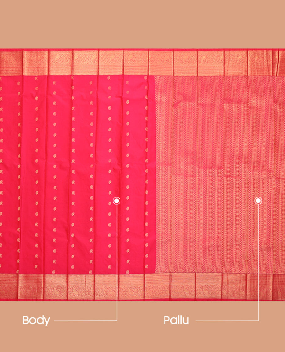 Pink Budget Silk Saree, Ornamented with Zari Buttas, Highlighted by a Traditional Zari Border, Geometric Pallu, and a Matching Blouse