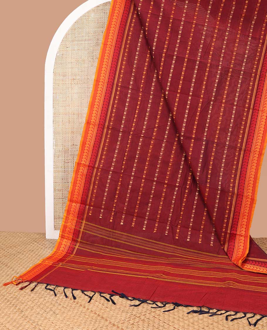 Brown paisley motifs chettinad cotton saree with contrast paisley zari design border & striped pallu