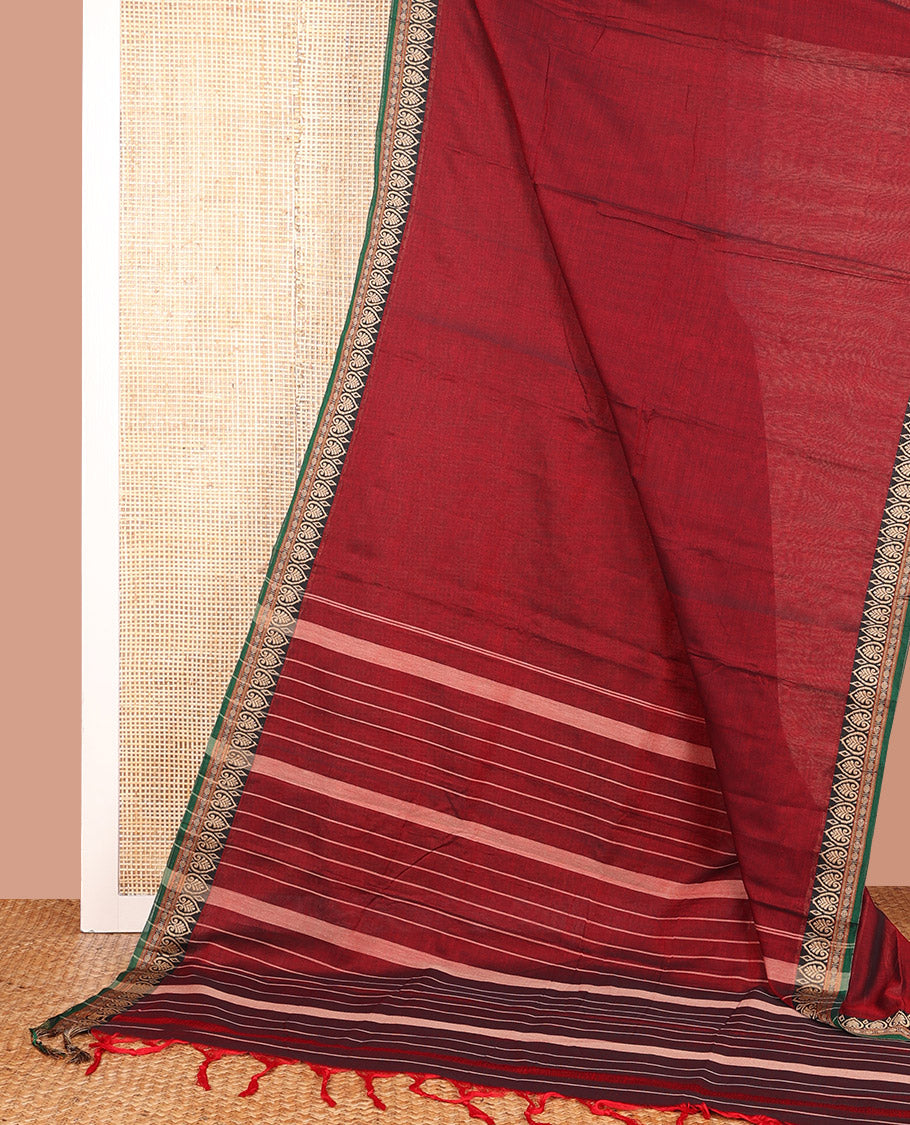 Maroon Plain Narayanpet Cotton Saree, Complemented by a Contrast Traditional Motifs Thread Woven Border, Subtly Striped Pallu, and Paired with a Matching Blouse
