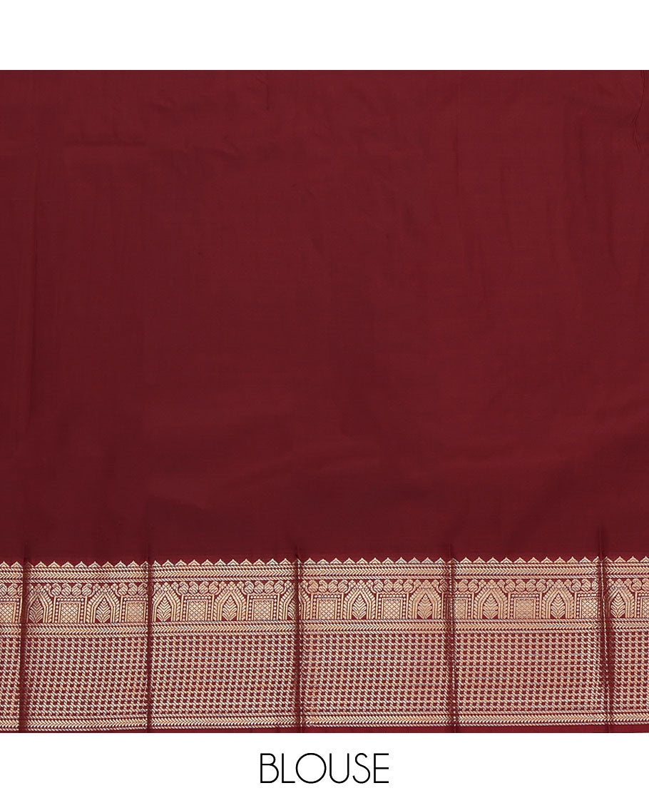 Orange Budget Silk Saree, Steeped in Richness of Paisley Buttas and Zari Checks All Over Its Body, Complemented by a Contrast Traditional Border, Jaal Pallu, and Paired with a Contrast Blouse