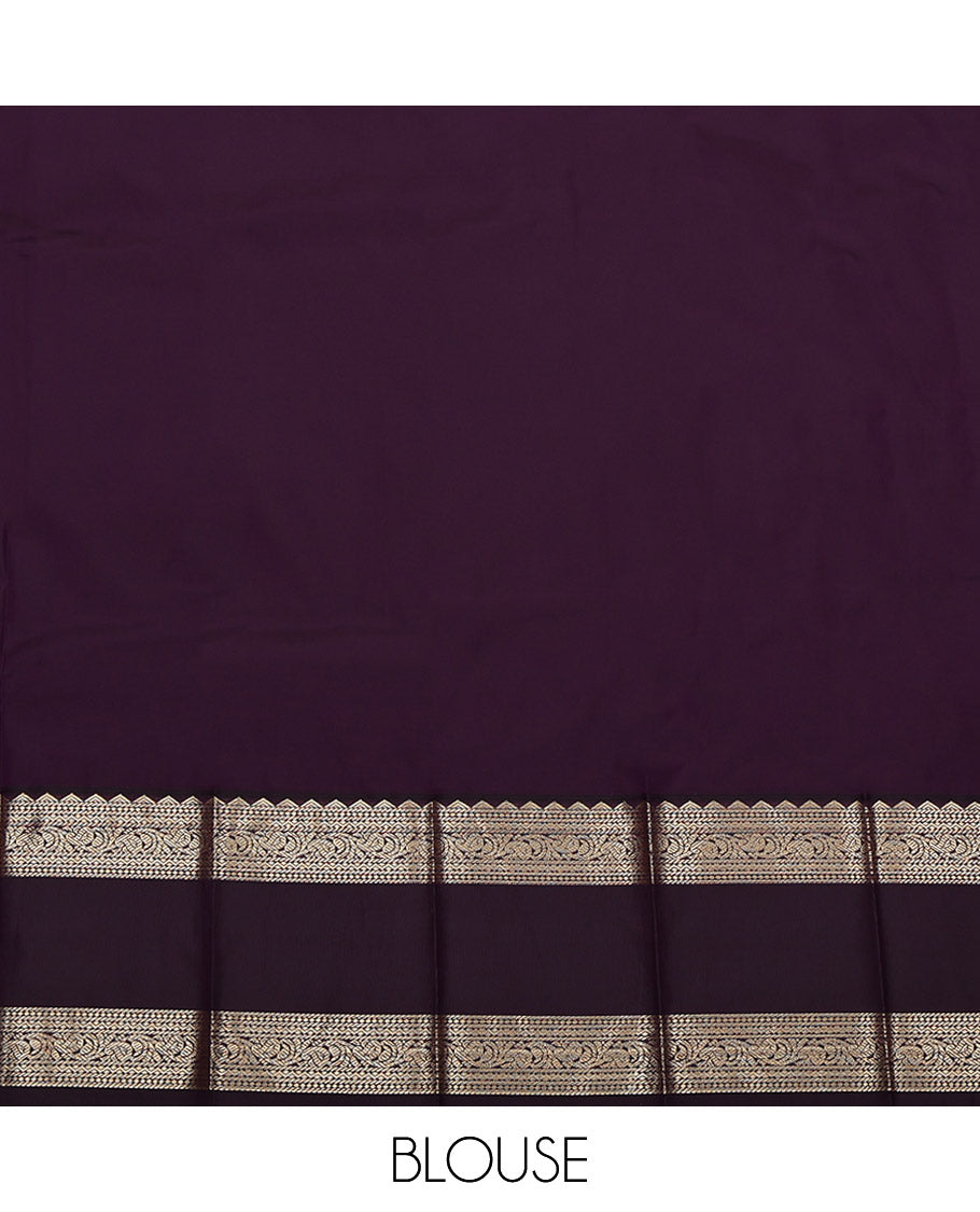 Magenta Budget Silk Saree, Decked Up with Zari Buttas on Its Body, Complemented by a Contrast Traditional Zari Design Rettai Pettu Border, Grand Jaal Pallu, and Paired with a Contrast Blouse