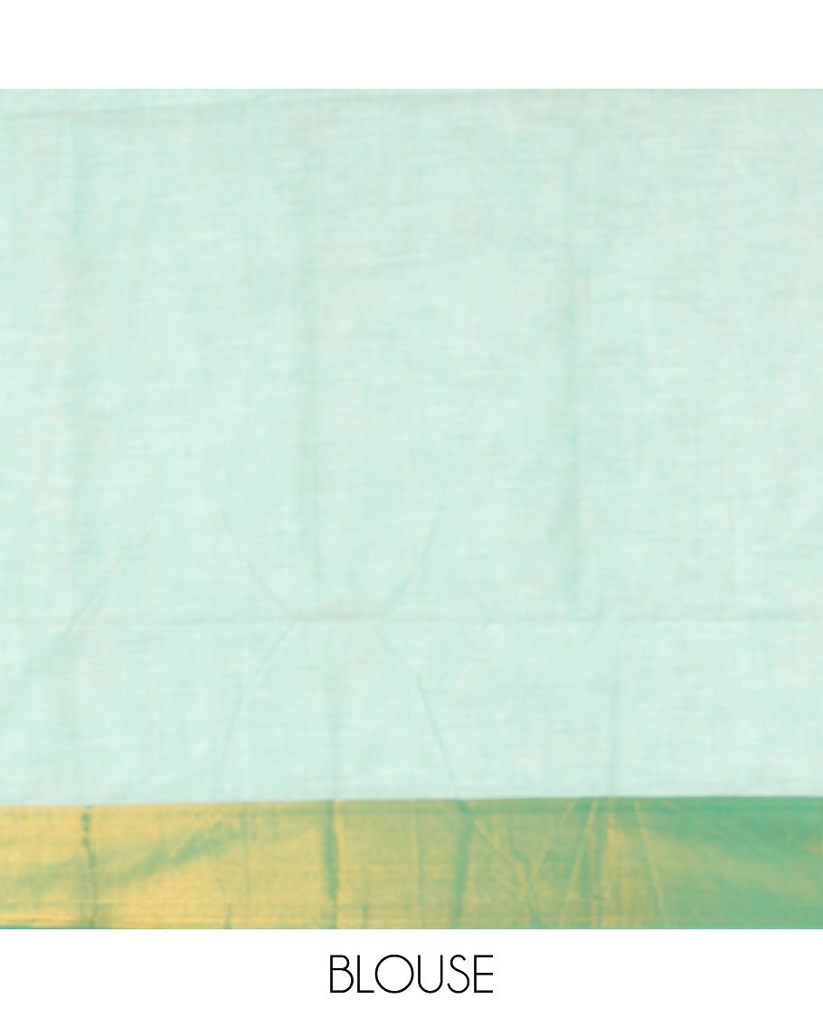 Green Andhra Cotton Saree, Beautified with Village-Themed Print, a Contrast Elephant Zari Border, a Pallu of Patola-Print, and a Matching Blouse