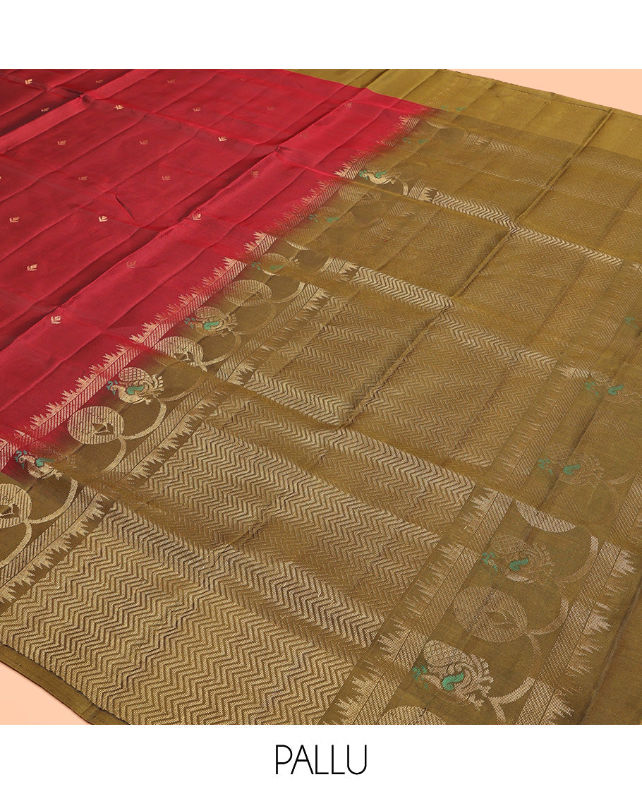 Red Mayuri Lite Silk Mix Saree, Accentuated with Zari Buttas All Over Its Body, Complemented by Contrast Border of Peacock Designs, Contrast Pallu of Vanki Designs, and Paired with a Contrast Blouse