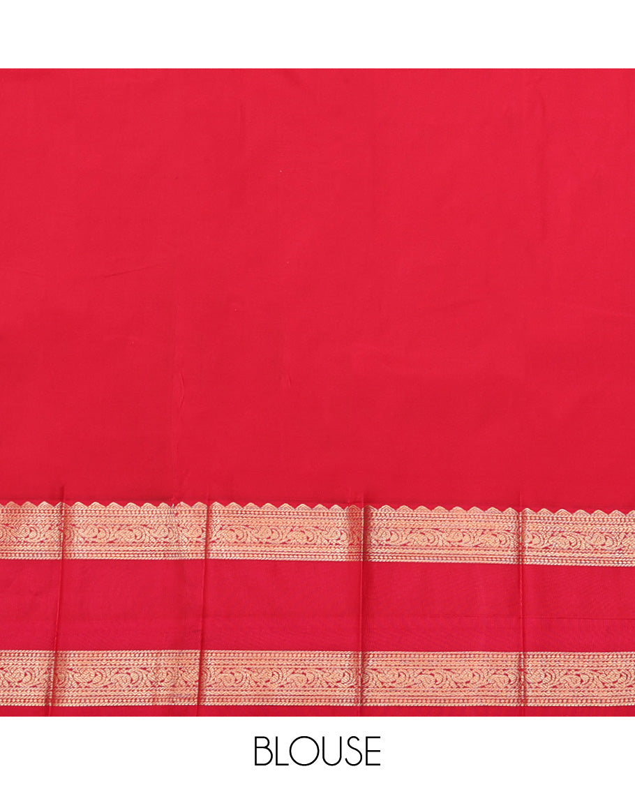Parrot Green Budget Silk Saree, Gleamed Up with Zari Buttas, a Contrast Traditional Zari Design Rettai Pettu Border, Grand Pallu, and a Contrast Blouse